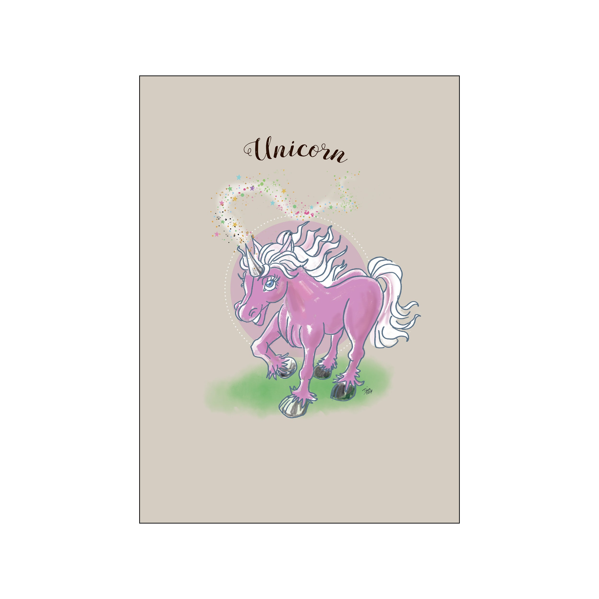 A whimsical illustration of a rosy pink unicorn with a flowing white mane and tail, prancing on green grass. A trail of colorful stardust sparkles behind its horn, set against a neutral taupe background.