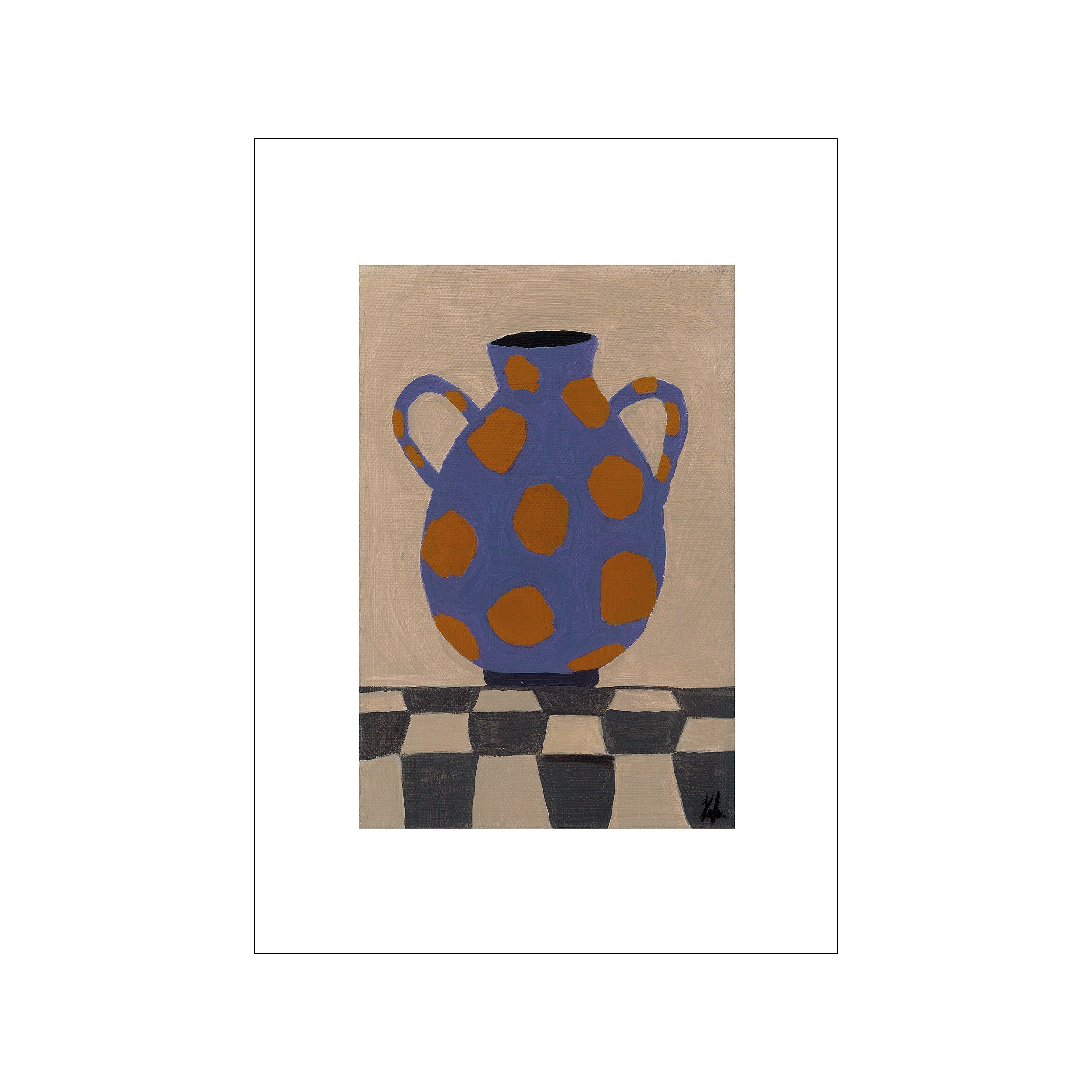 A charming illustration of a blue vase with large orange polka dots, resting on a black and white checkered surface against a textured light background. Evokes a playful, artistic vibe.