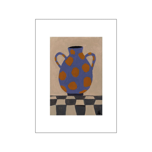 A charming illustration of a blue vase with large orange polka dots, resting on a black and white checkered surface against a textured light background. Evokes a playful, artistic vibe.