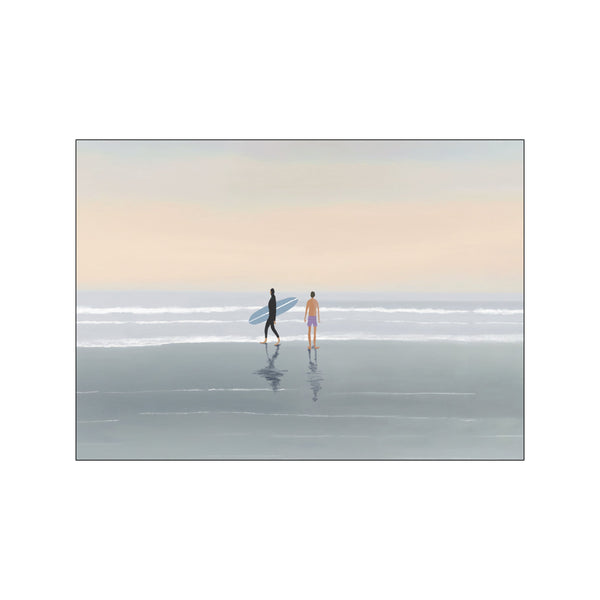 Two figures stand on a serene, wet beach, one carrying a surfboard, as gentle waves recede under a soft peach and blue sky. Reflective water adds to the calm, coastal atmosphere.