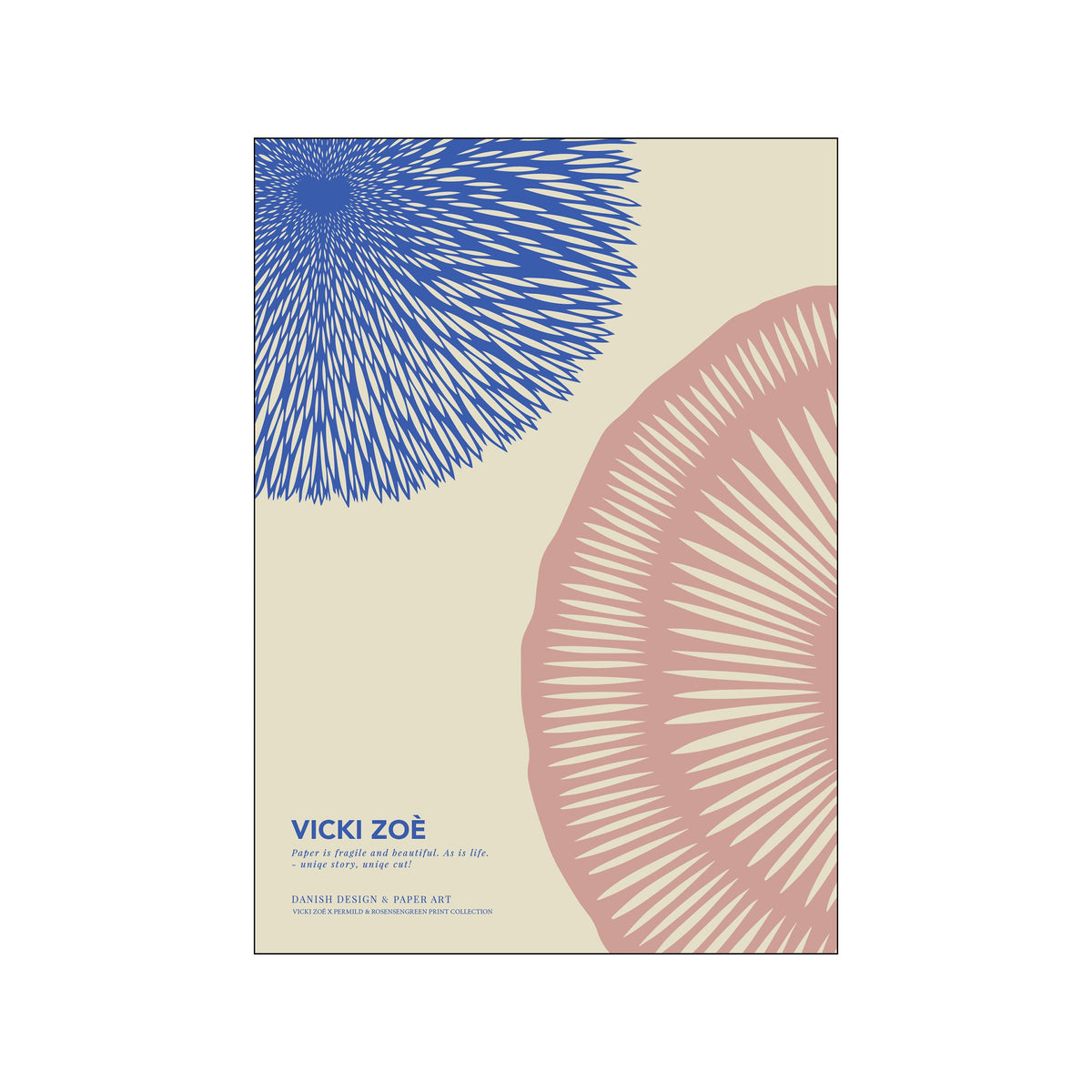 Abstract floral print with blue and blush rose forms on a cream background
