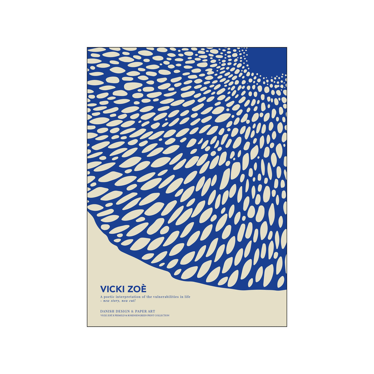 Abstract blue and cream print with flowing oval shapes and artist text at the bottom