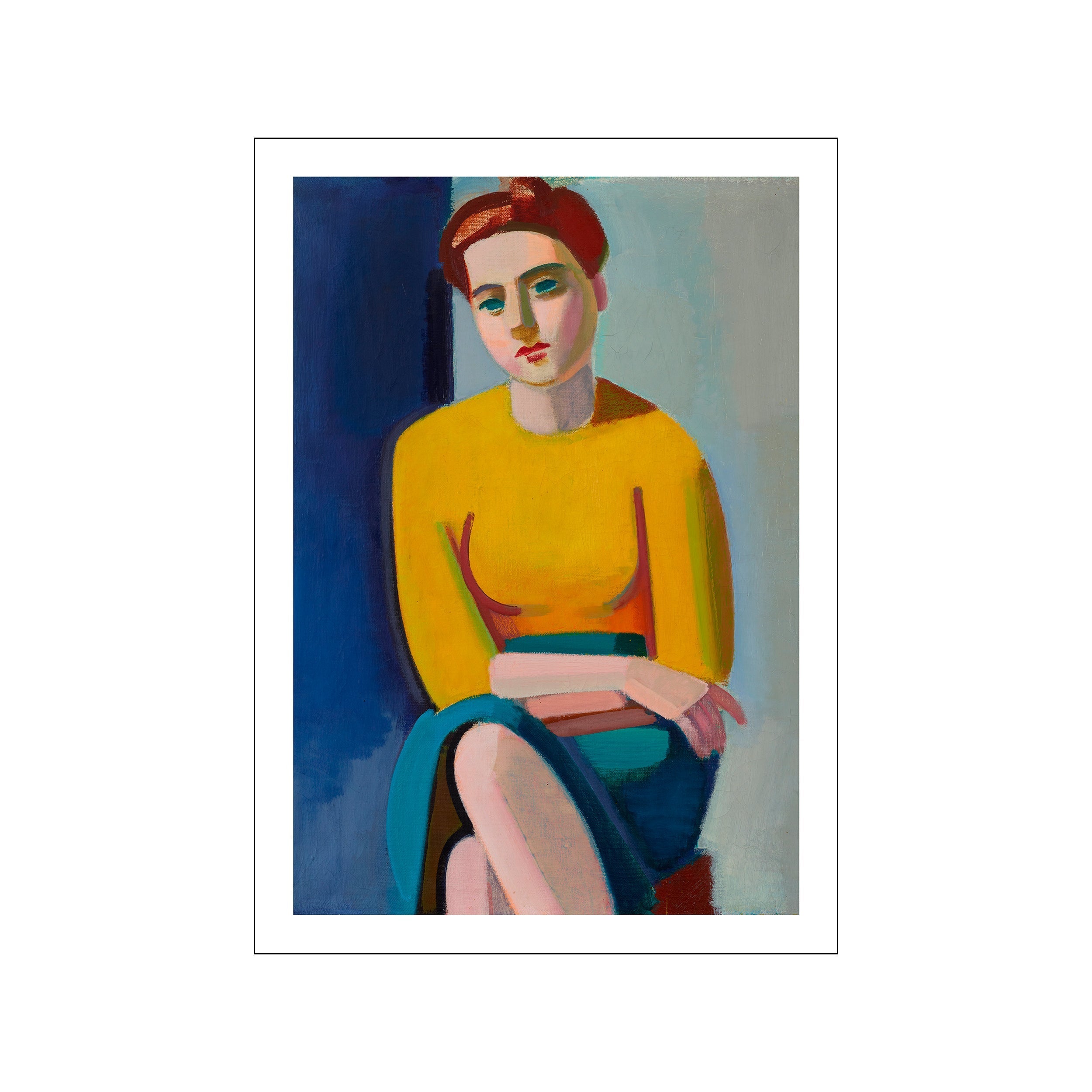 Framed modernist portrait of a seated woman in yellow, blue, red, and gray tones