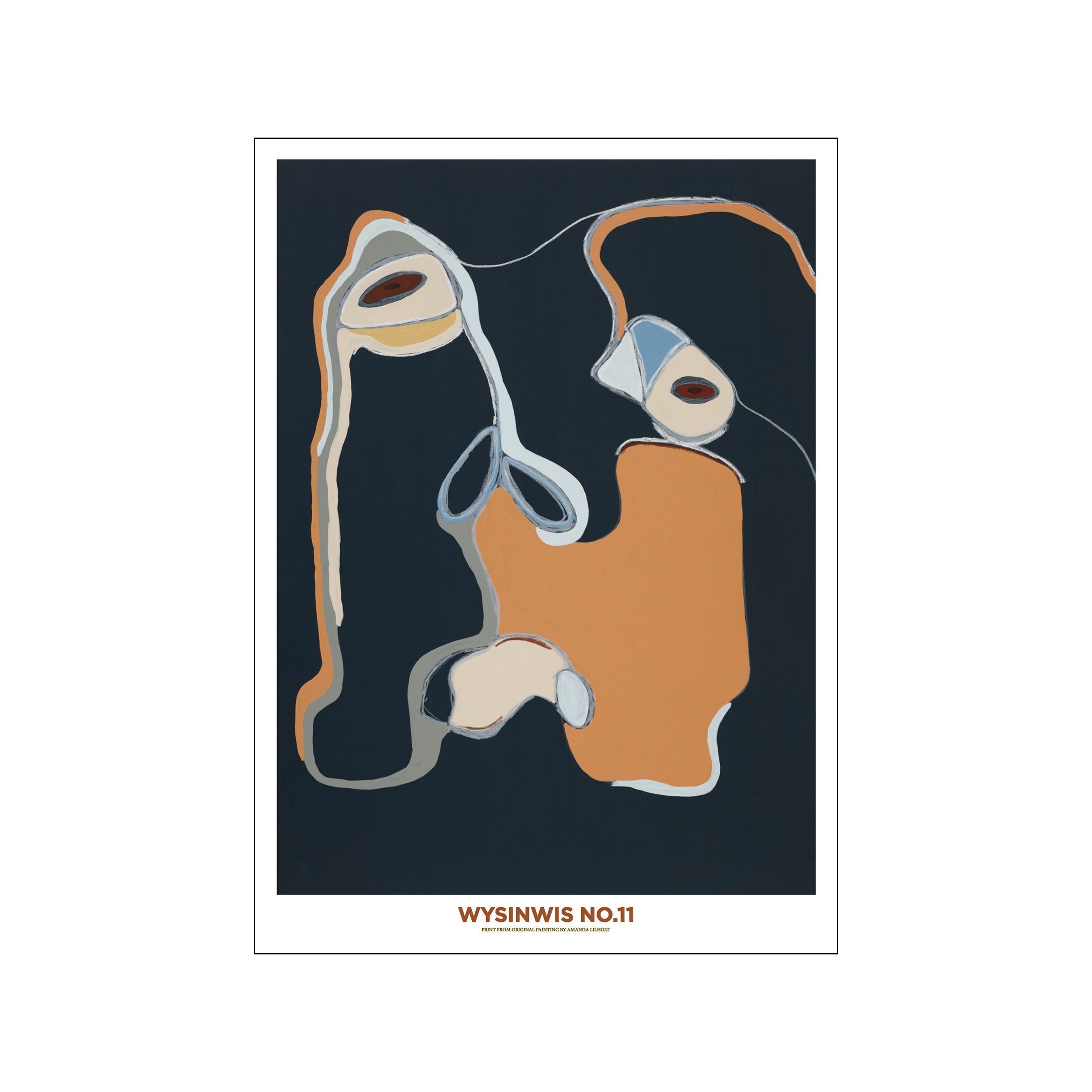 Abstract composition with bold organic shapes in terracotta, cream, and grey, outlined with thin white and black lines against a deep navy background, evoking a dreamy, modern aesthetic.