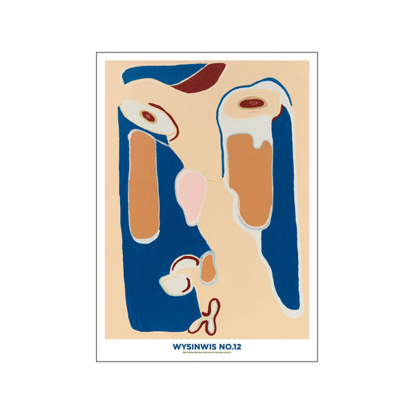 An abstract composition featuring bold blue shapes, terracotta curves, and soft peachy tones on a neutral background, creating a serene and modern visual experience.