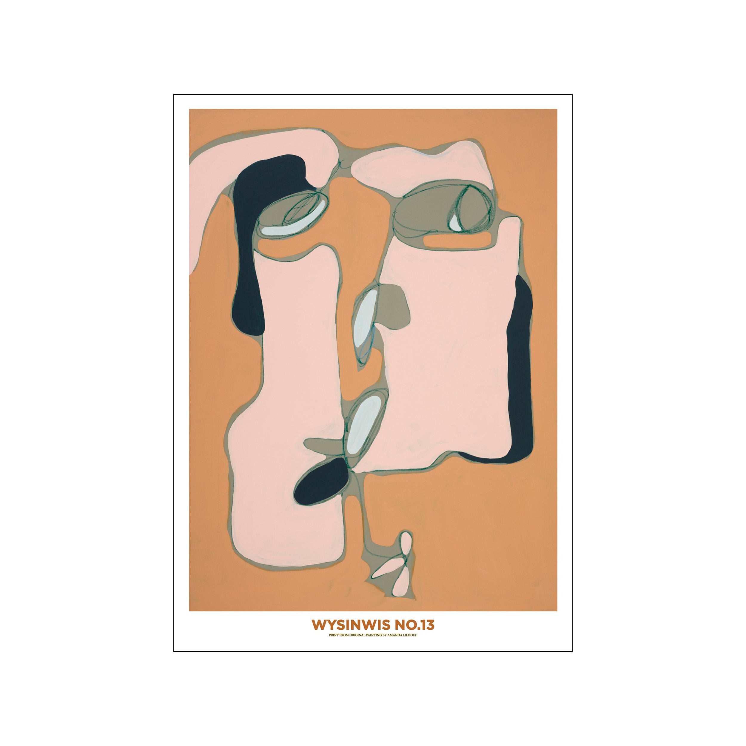 Abstract forms in terracotta, blush pink, and deep charcoal, outlined with delicate sage green lines, suggesting faces and organic shapes. Evokes a calm, sophisticated, and bohemian vibe.