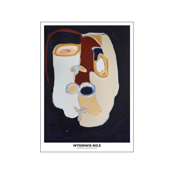 An abstract portrait with a face-like form rendered in bold, visible brushstrokes of deep navy, warm ochre, creamy ivory, and terracotta. The composition is centered against a dark background, creating a striking yet soulful presence.