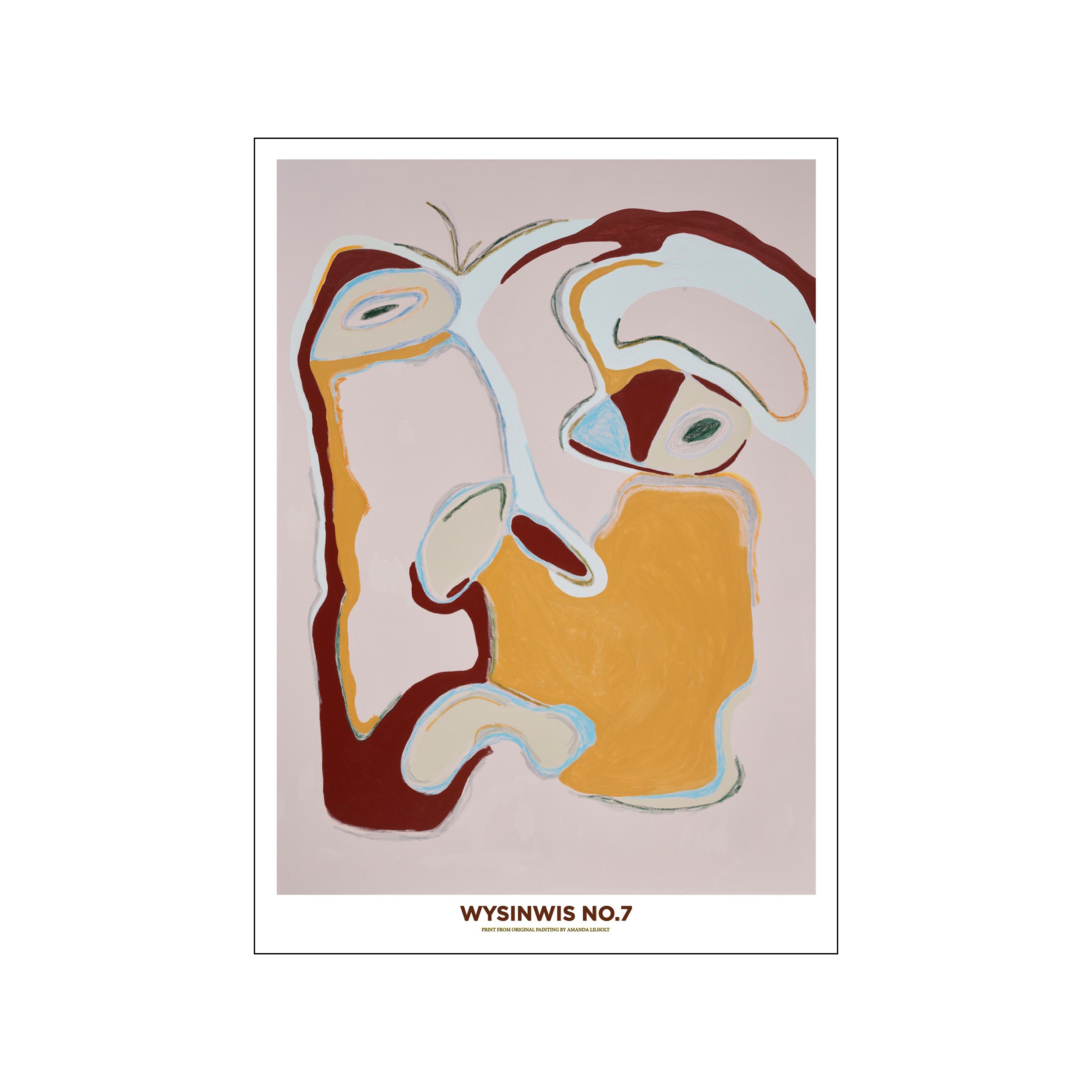 An abstract figurative artwork titled 'WYSINWIS NO. 7' by Amanda Lilholt, featuring soft pink, terracotta, ochre, and sky blue hues in flowing, organic shapes that suggest a thoughtful face.