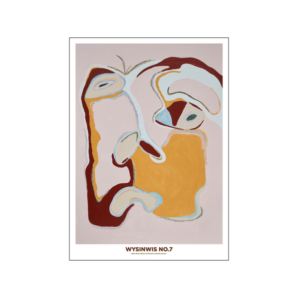 An abstract figurative artwork titled 'WYSINWIS NO. 7' by Amanda Lilholt, featuring soft pink, terracotta, ochre, and sky blue hues in flowing, organic shapes that suggest a thoughtful face.