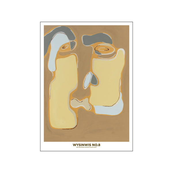 An abstract artwork featuring a stylized face composed of soft, rounded shapes in warm ochre, muted blue, and grey tones against a taupe background.