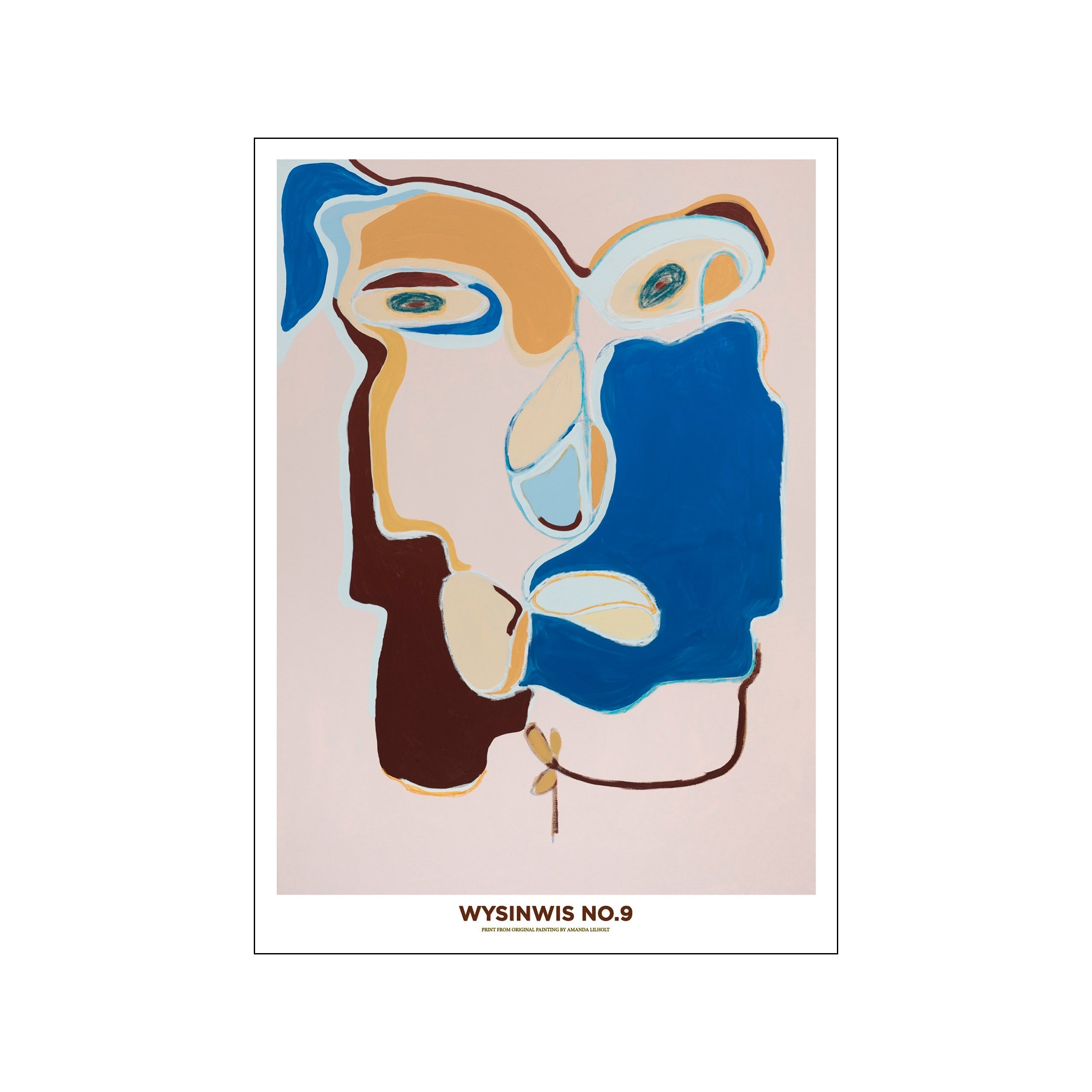 An abstract painting featuring flowing lines and organic shapes in shades of soft pink, ochre, deep blue, and brown, creating a serene and contemplative mood.