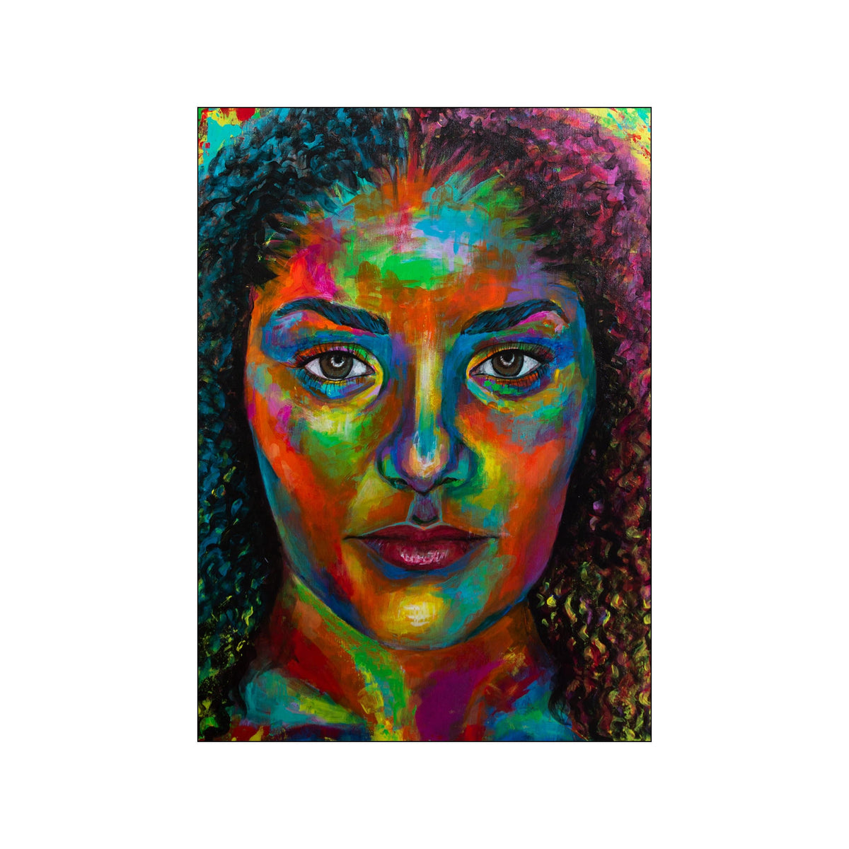 Vivid multicolor portrait of a woman with dark curly hair and direct gaze