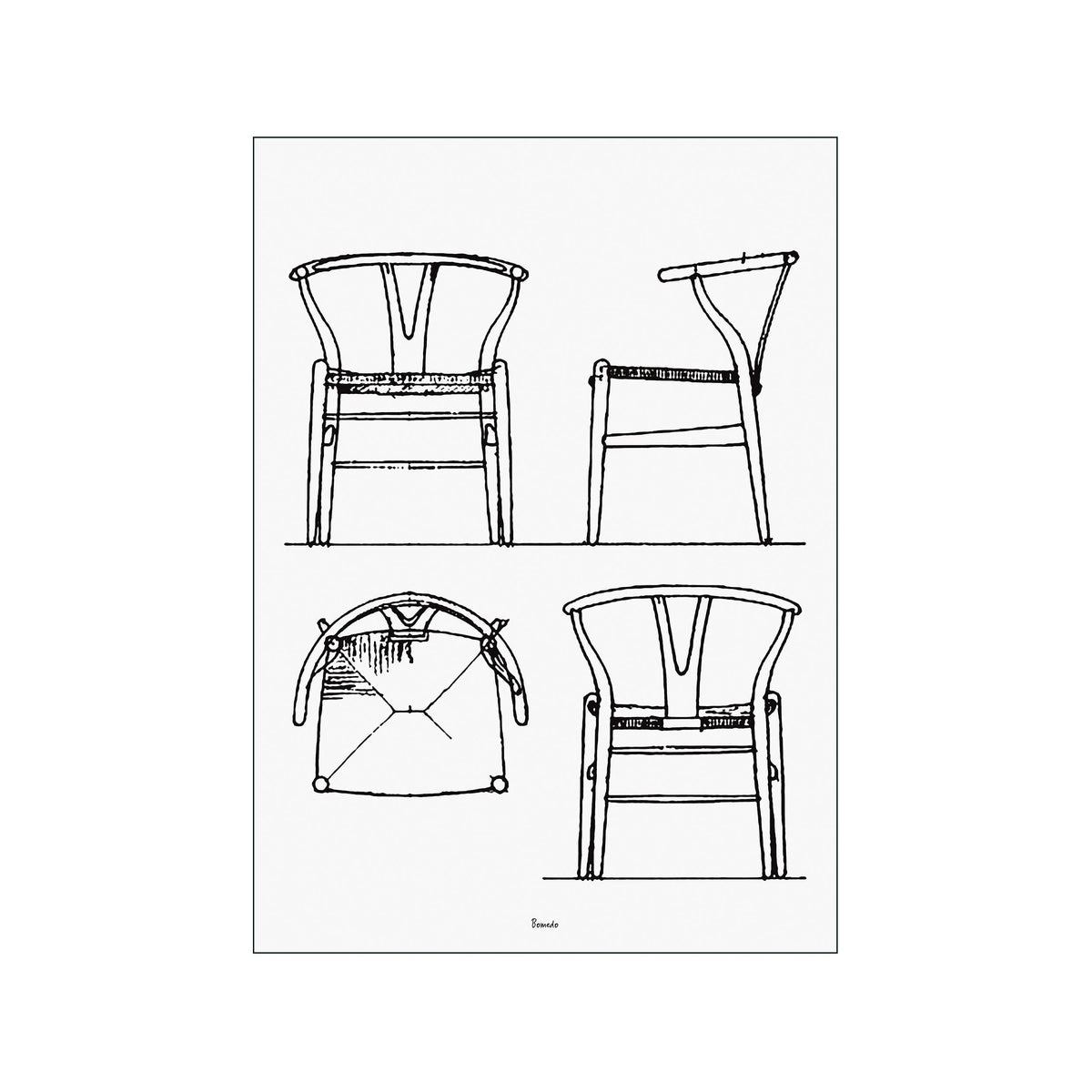 Black line drawing of the Wegner Chair shown in four technical views on white