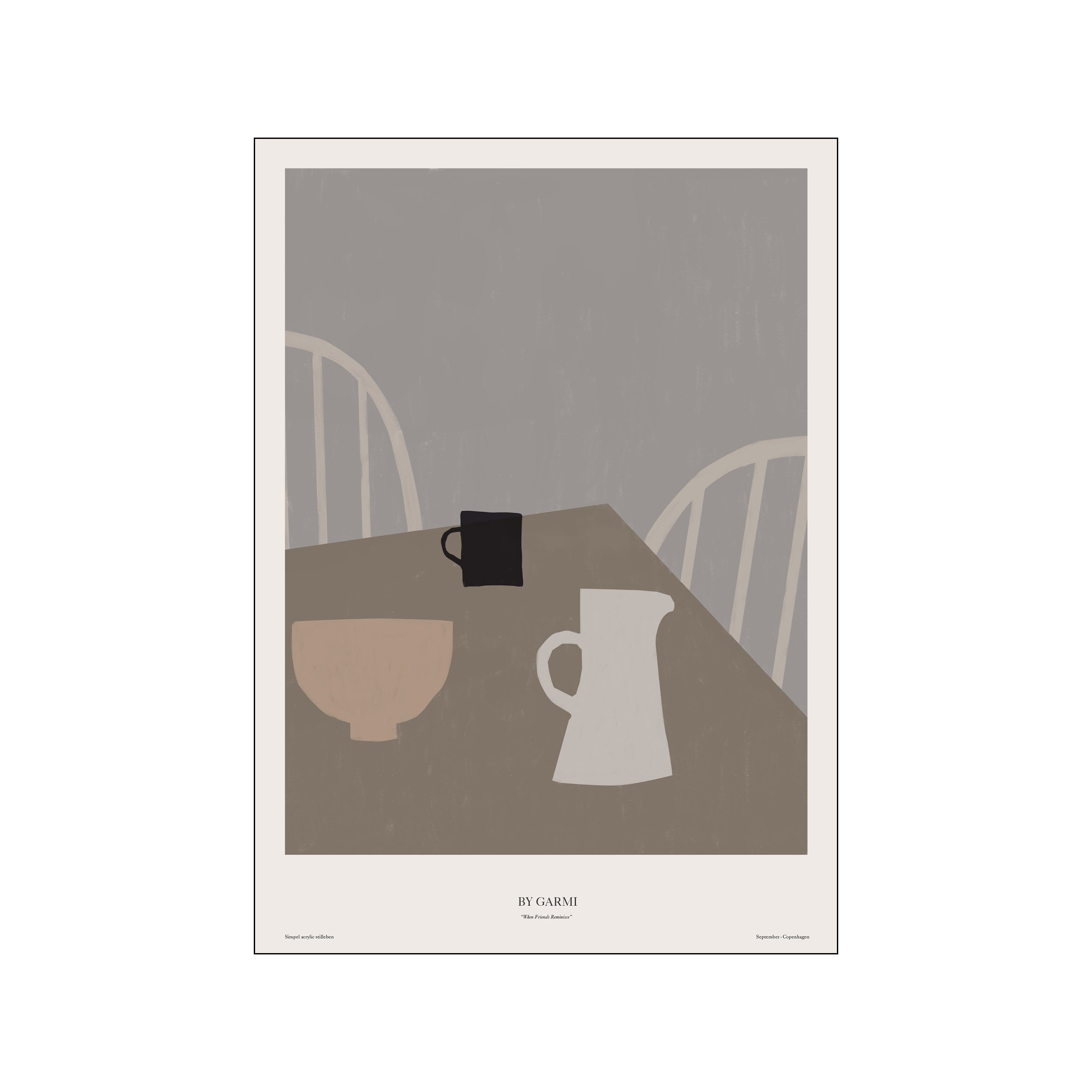 A minimalist still life illustration of a black mug, a beige bowl, and a white pitcher arranged on a textured table, with two pale chairs in the background. The color palette is muted and soothing.