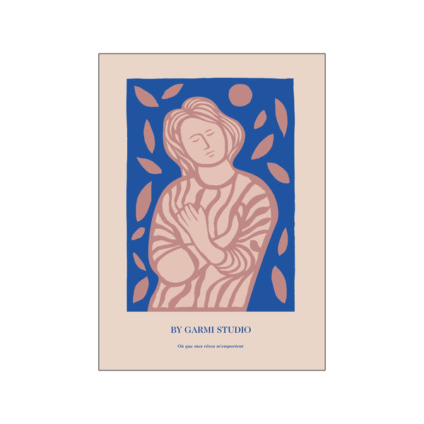 An artistic depiction of a person with eyes closed, arms crossed, set against a bold blue background with scattered leaf shapes. The color palette includes soft blush pink, muted taupe, and deep blue, evoking a.