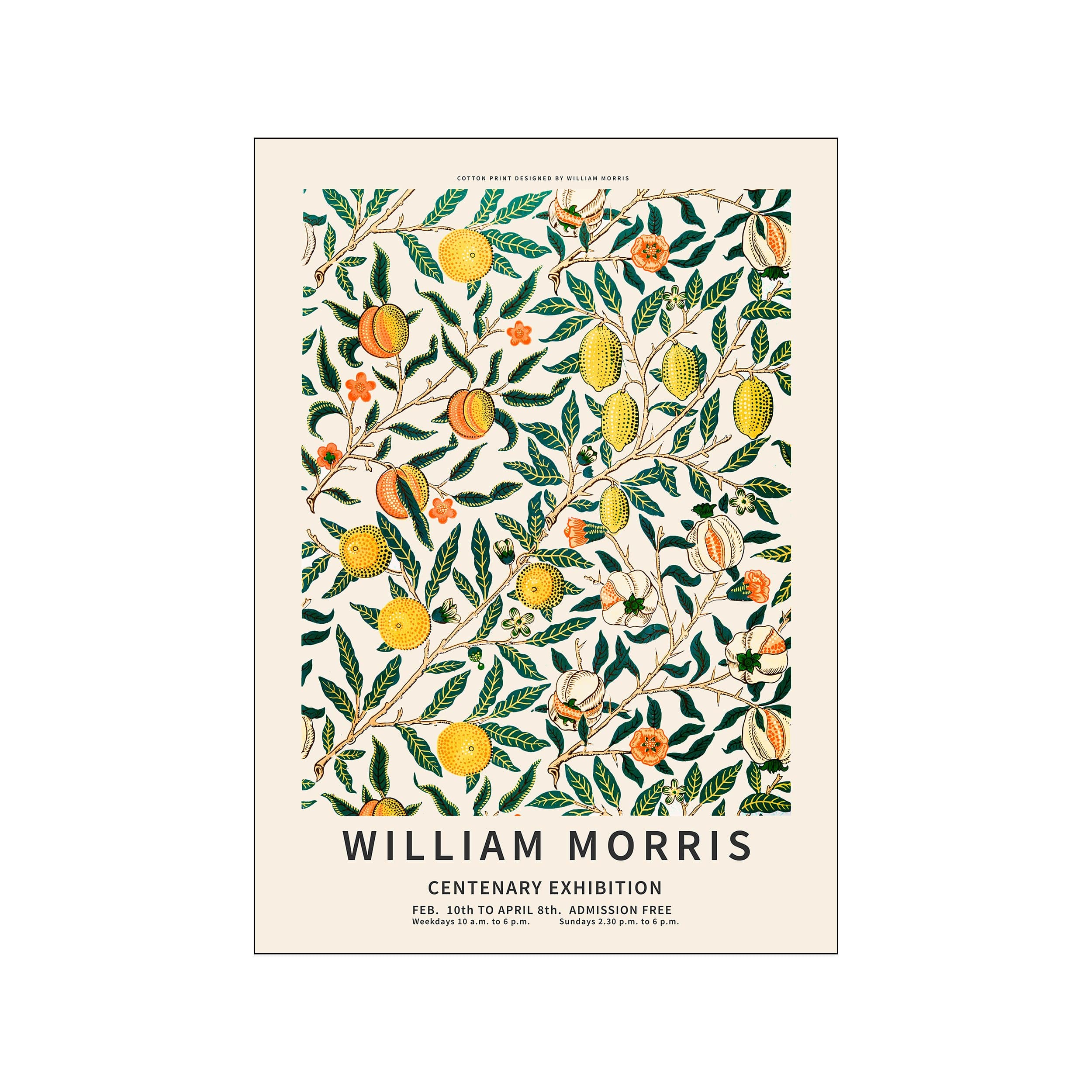 William Morris fruit branch poster with green leaves, yellow fruit, and cream background