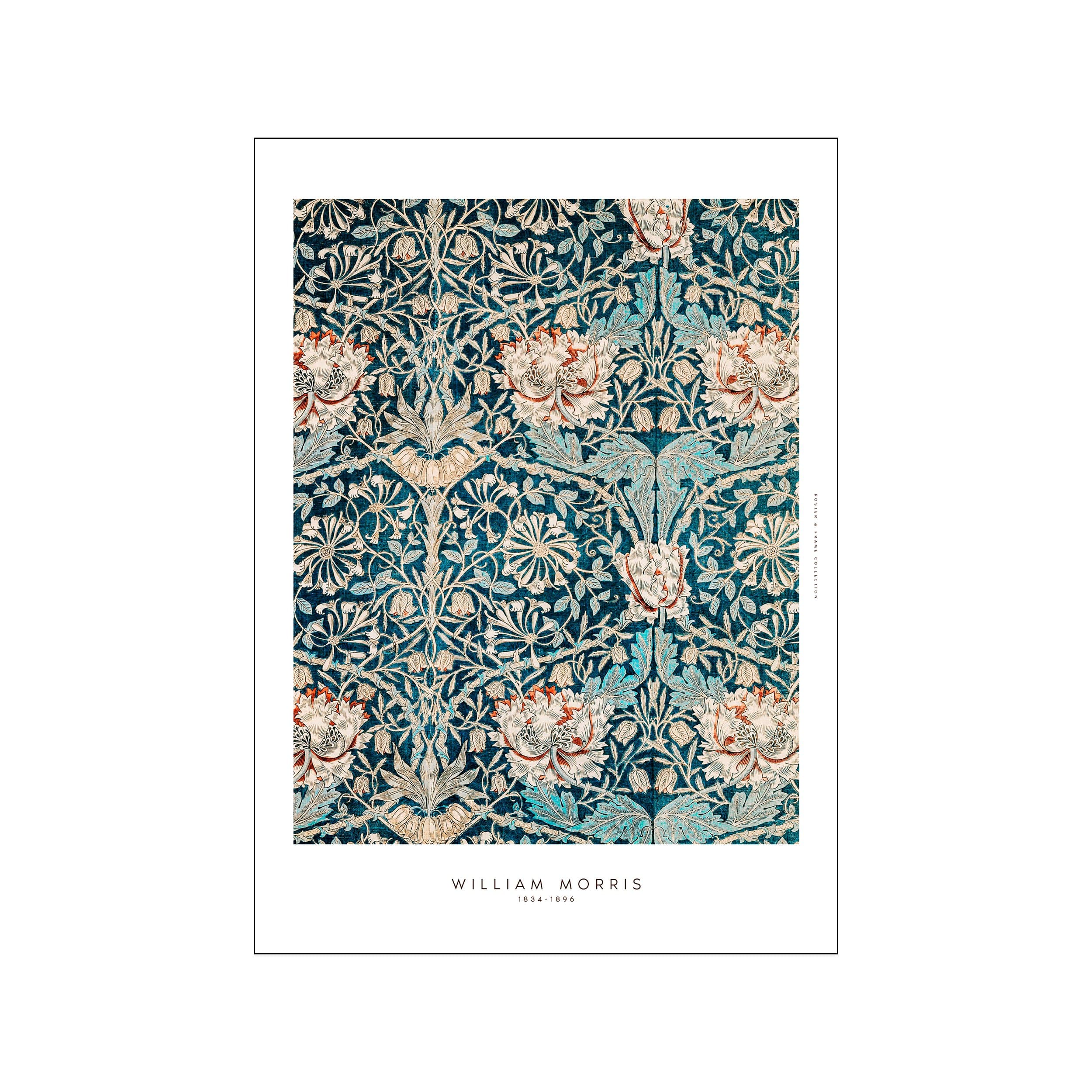 William Morris floral pattern print with blue ground, cream blossoms, and coral accents