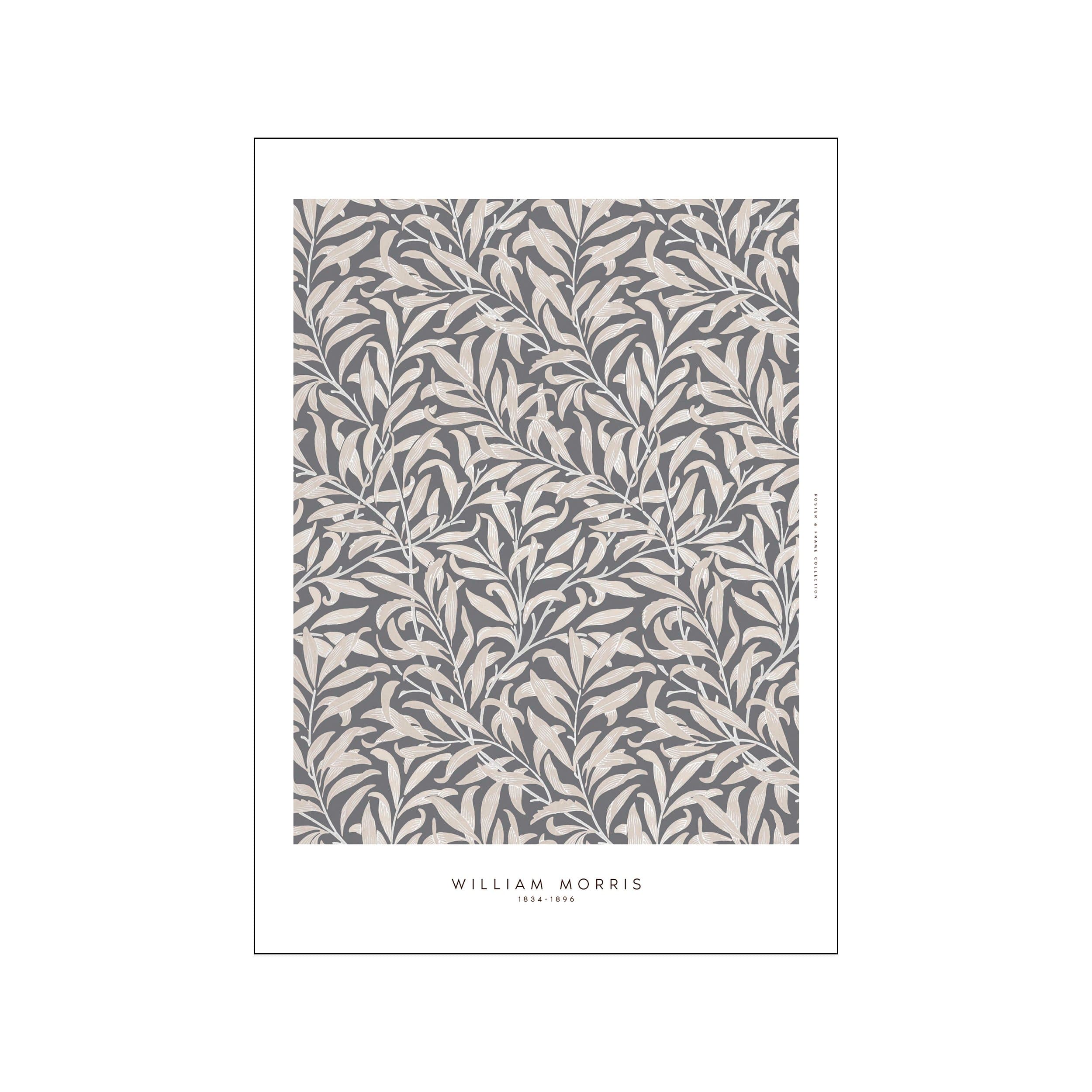 William Morris botanical leaf pattern in soft gray and ivory on a white border print