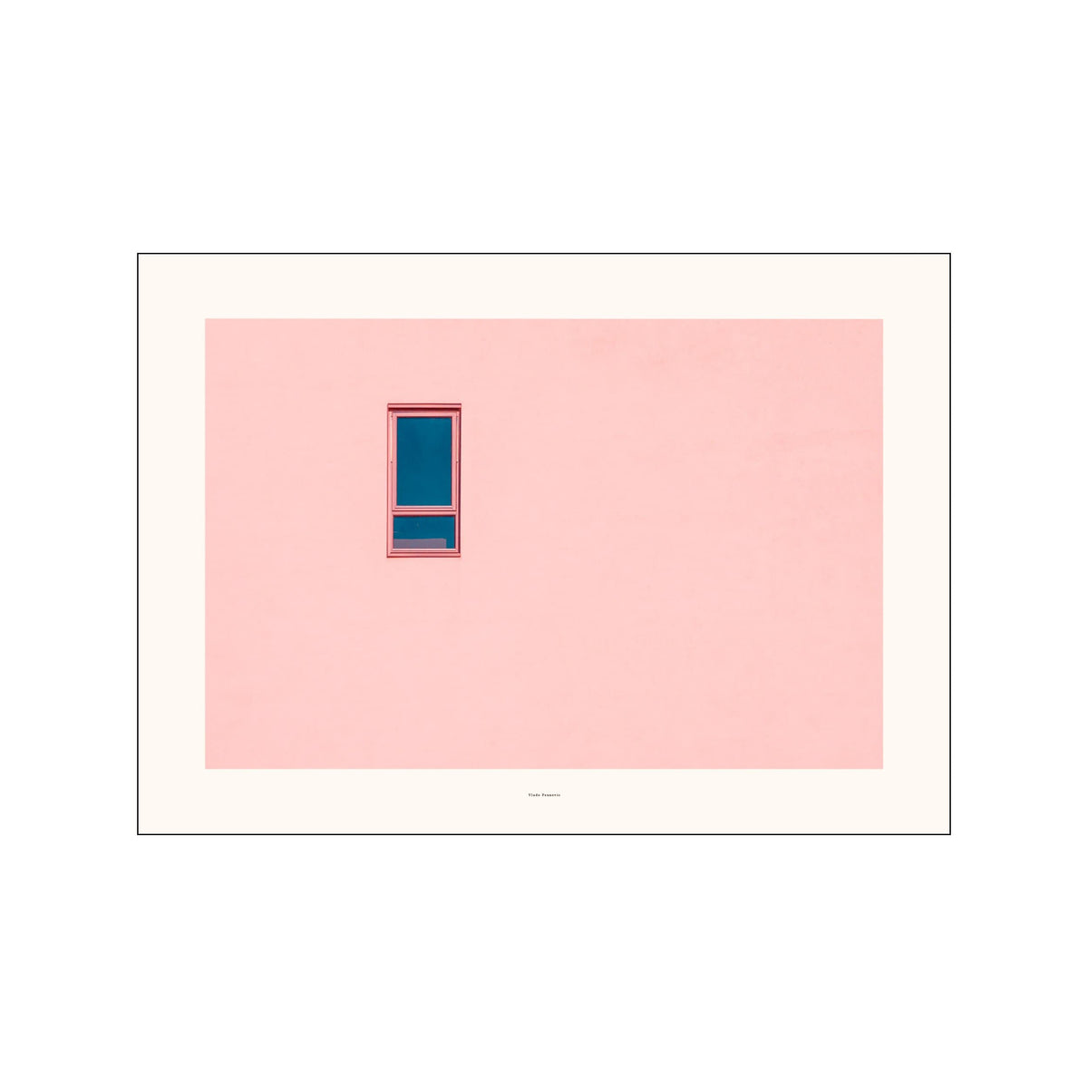 Minimal pink facade with a single narrow blue window in a centered composition