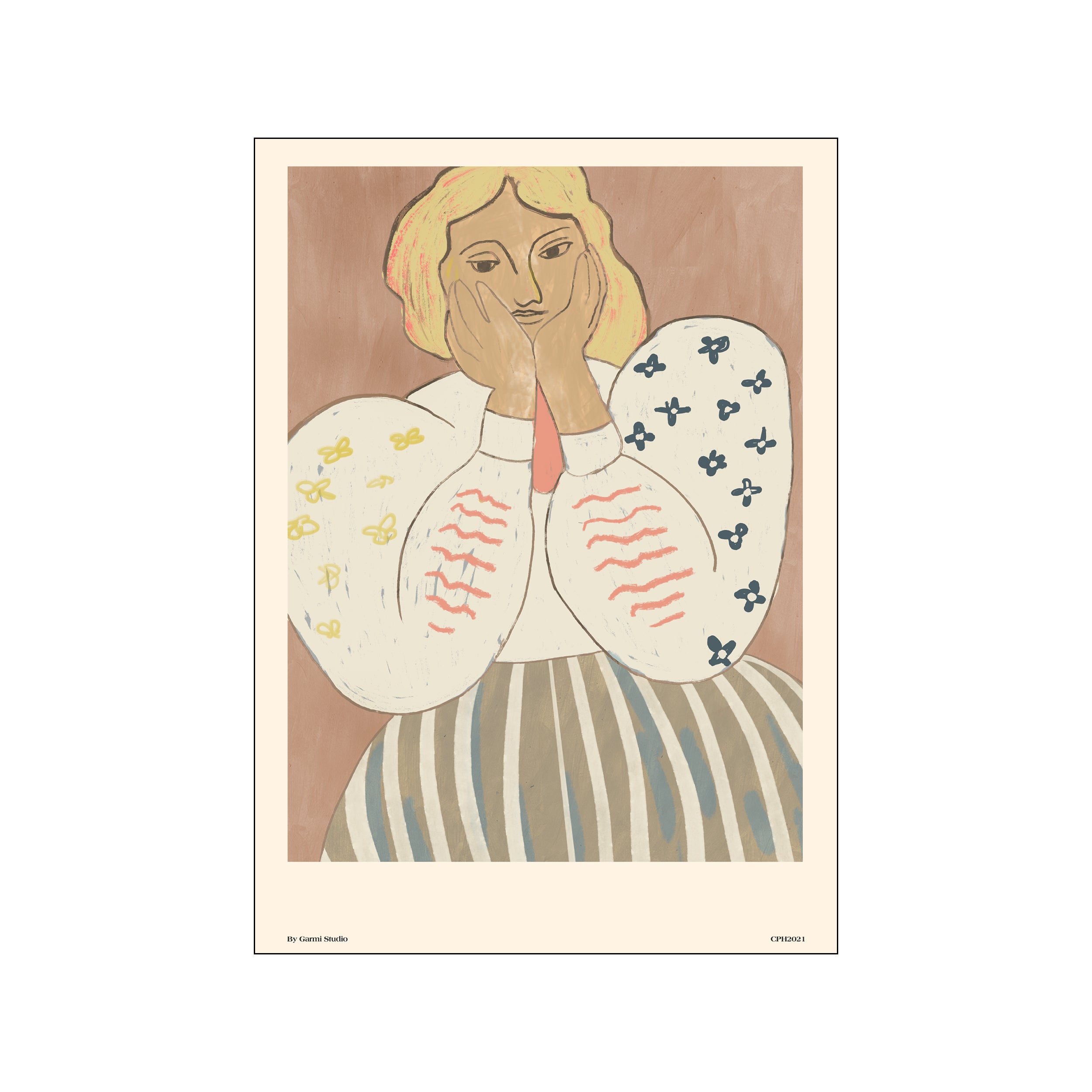An artful depiction of a woman with blonde hair and striking features, her hands resting on her face, adorned in a patterned top and striped skirt, rendered in warm, muted tones.