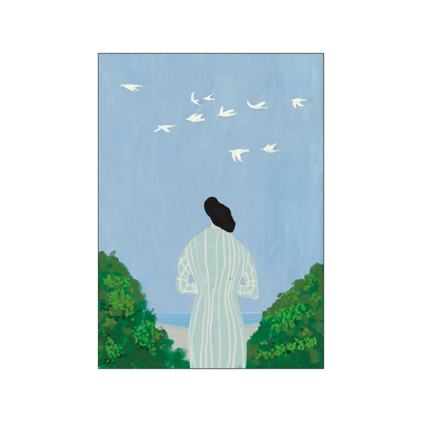 A woman in a pale blue striped dress stands with her back to the viewer, looking out at a bright blue sky with white birds flying. Lush green foliage frames the scene.
