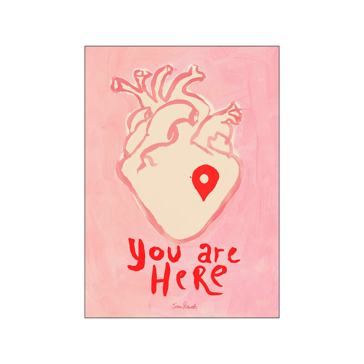Stylized anatomical heart on a pink background with red You are Here text