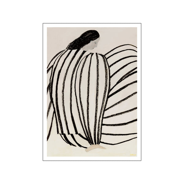 Black and white abstract art of a woman on a beige background