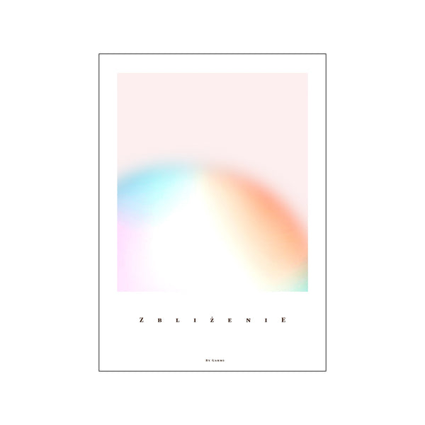 Abstract artwork featuring soft, blended pastel gradients of pink, orange, and blue, evoking a dreamy, tranquil atmosphere. Text 'ZBLIZENIE' and 'BY GARMI' are centered at the bottom.
