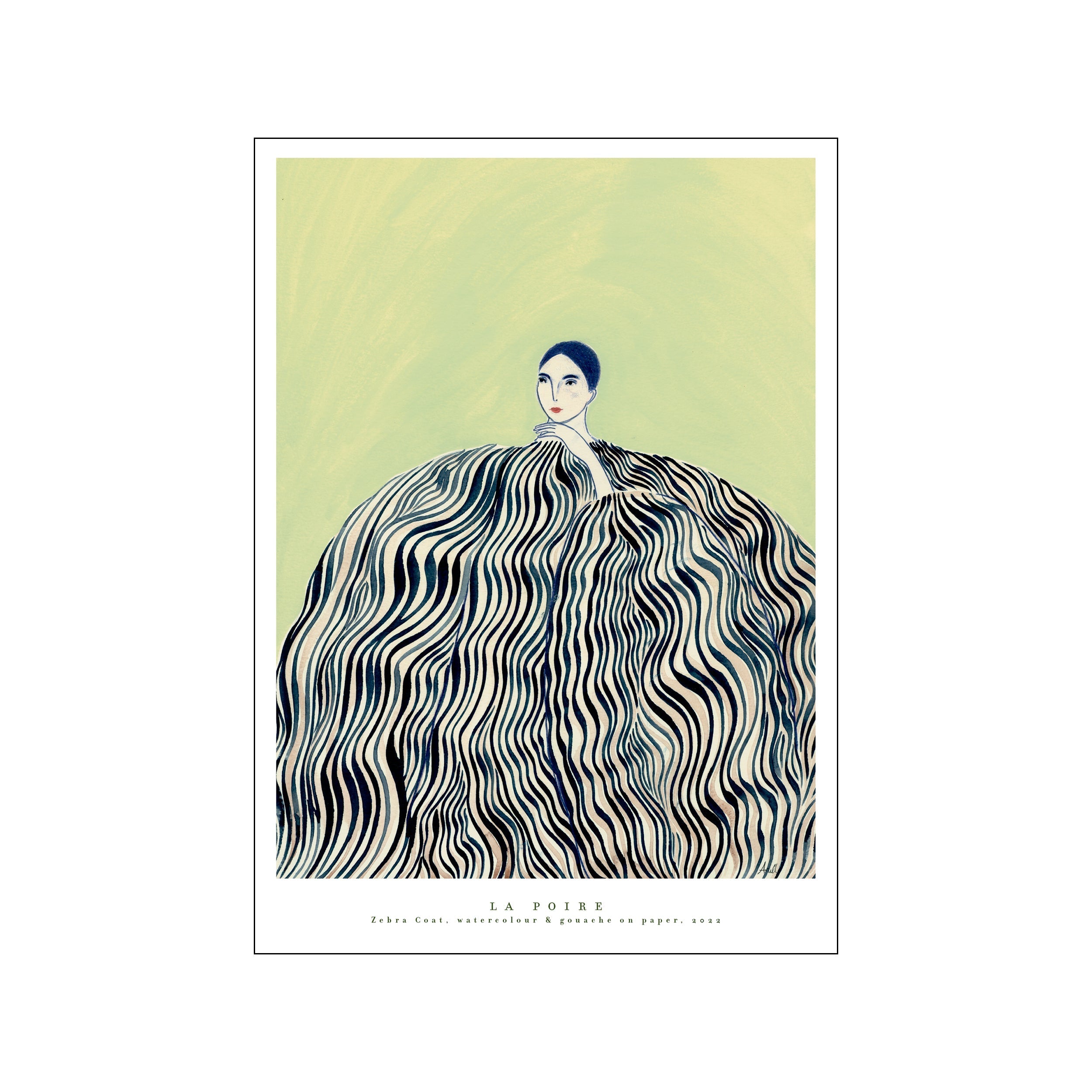 A figurative artwork by La Poire depicting a person wearing a voluminous garment with a dynamic zebra stripe pattern, set against a soft, painterly background.