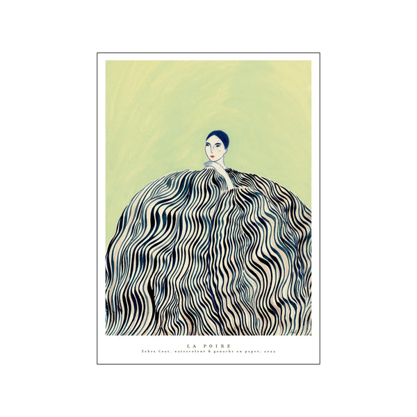 A figurative artwork by La Poire depicting a person wearing a voluminous garment with a dynamic zebra stripe pattern, set against a soft, painterly background.