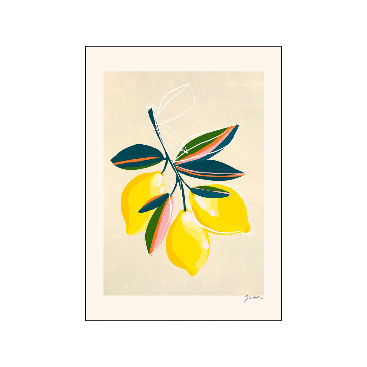 Stylized lemons with teal and multicolor leaves on a soft neutral background