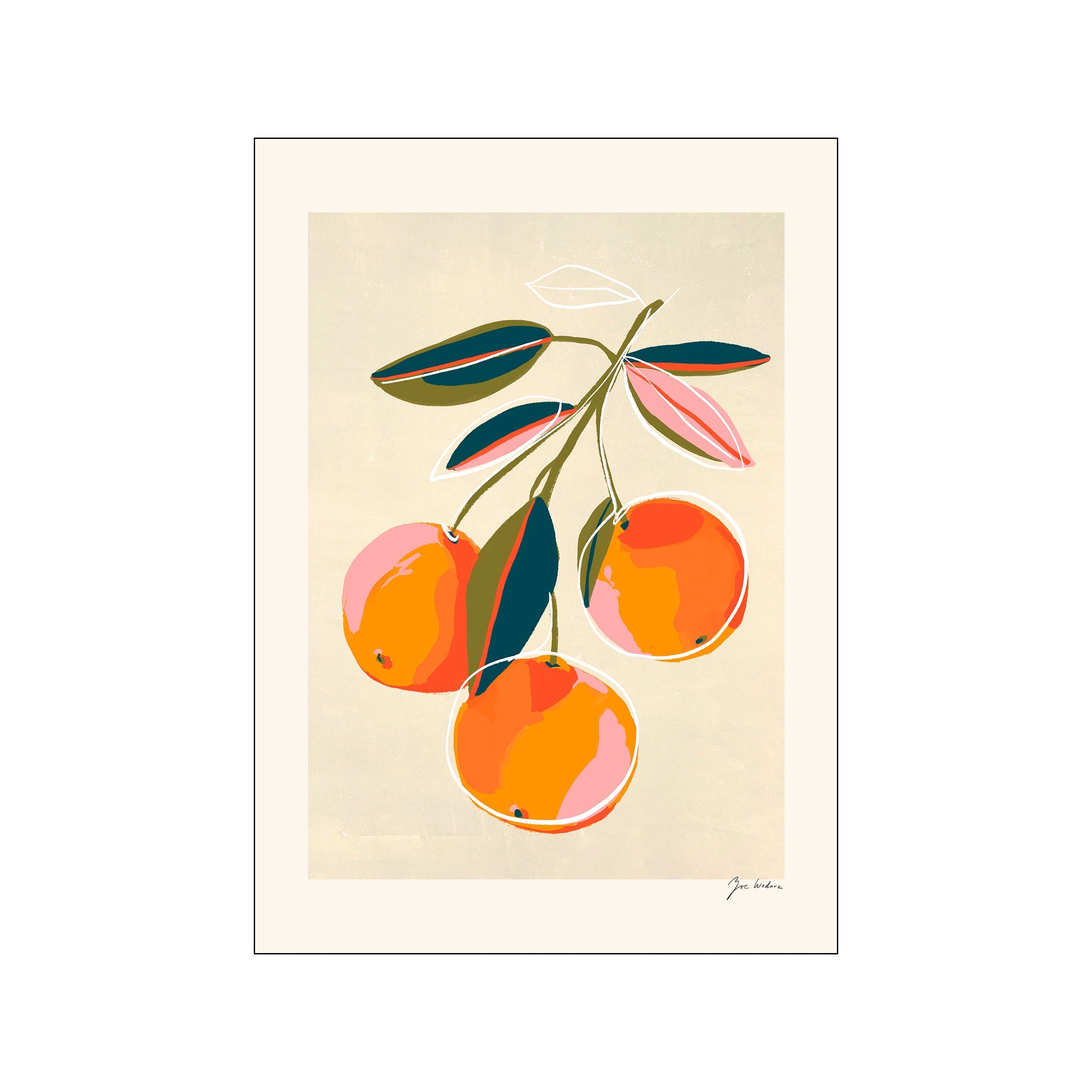 Stylized oranges on a branch with teal leaves and pink accents on a soft beige ground