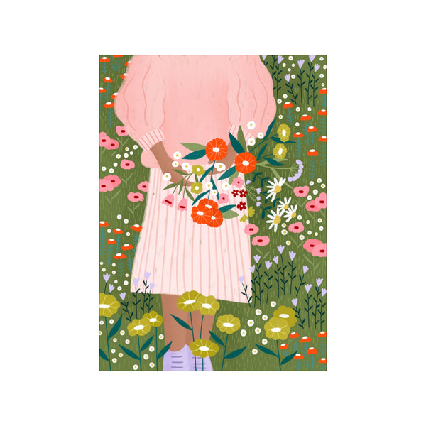 A person in a pink sweater and pleated skirt holds a bouquet of wildflowers in a lush green field bursting with pink, orange, and yellow blossoms.