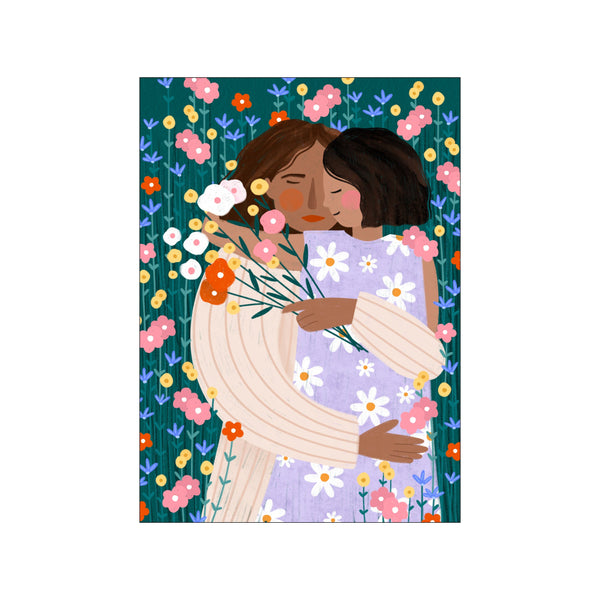 A tender illustration of a mother and daughter embracing in a lush garden filled with pink, white, and yellow wildflowers against a dark teal background.