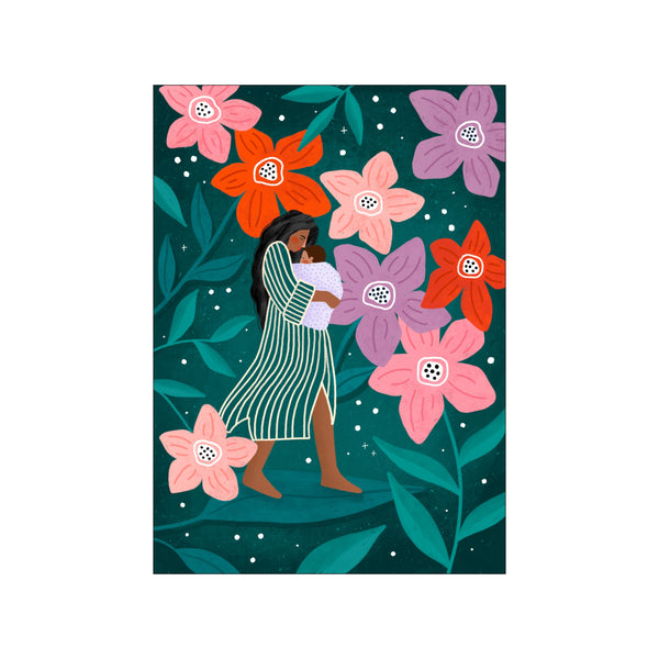 An illustration of a mother cradling her baby, surrounded by an abundance of stylized coral, pink, and purple flowers against a dark teal background with scattered white dots.