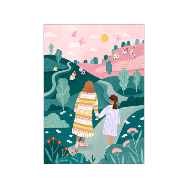 An illustration of a mother and daughter walking hand-in-hand on a winding path through a whimsical landscape. The scene features rolling hills in shades of teal and green, a soft pink sky with a yellow.