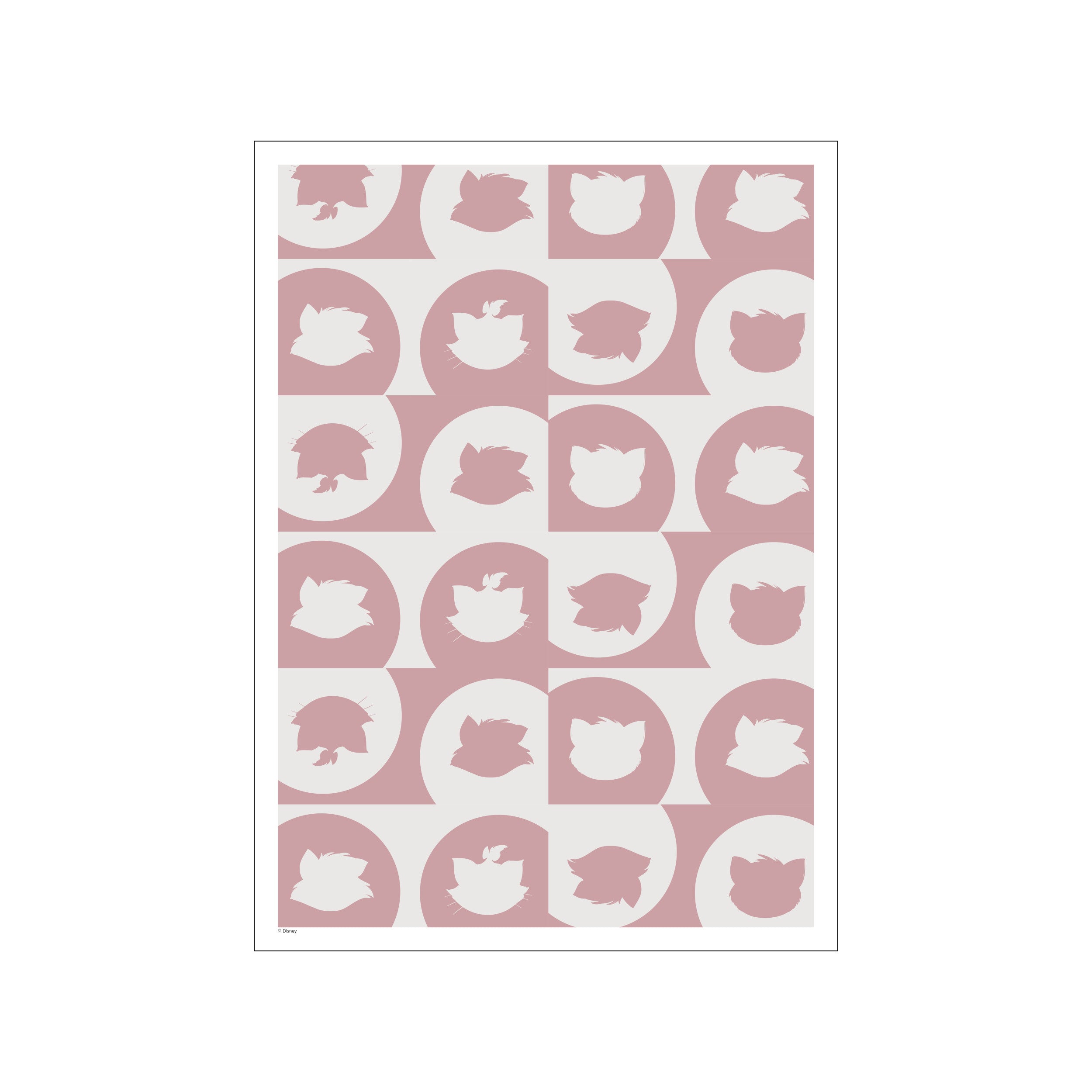 A repeating pattern of silhouetted cat faces in soft pink and ivory, arranged in a checkerboard of circles and squares, evoking a playful and elegant Parisian charm.