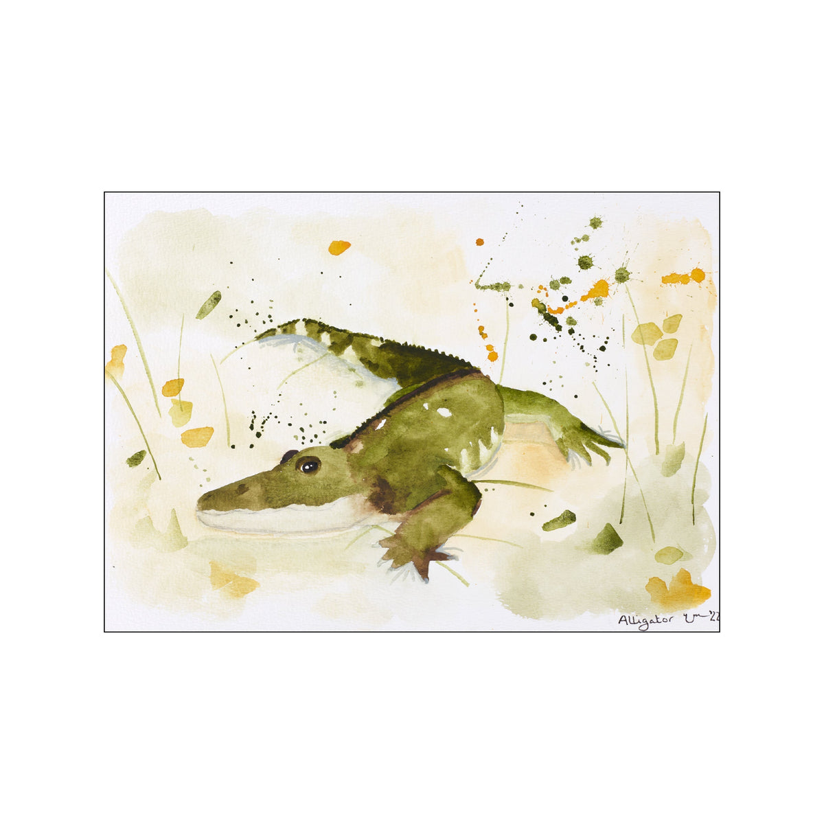 A watercolor painting of an alligator with a textured green body and playful splatters of green and orange ink on a soft, neutral background, suggesting reeds and water.