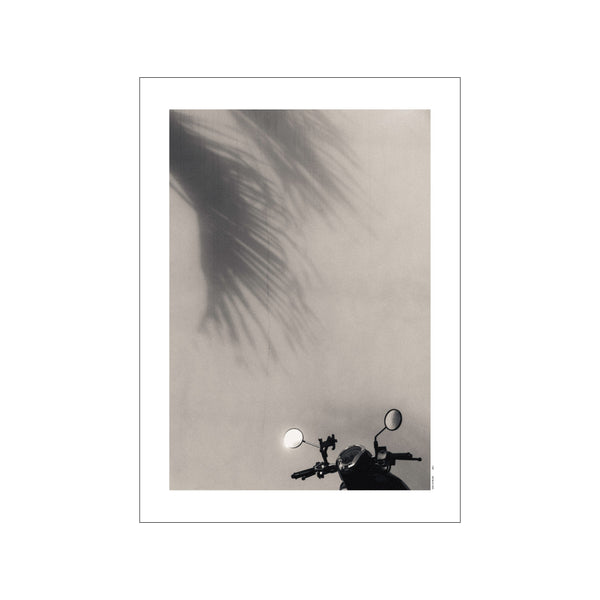 A black and white image of a scooter parked against a wall, with the shadow of palm fronds drifting across the textured surface, evoking a tranquil, tropical mood.