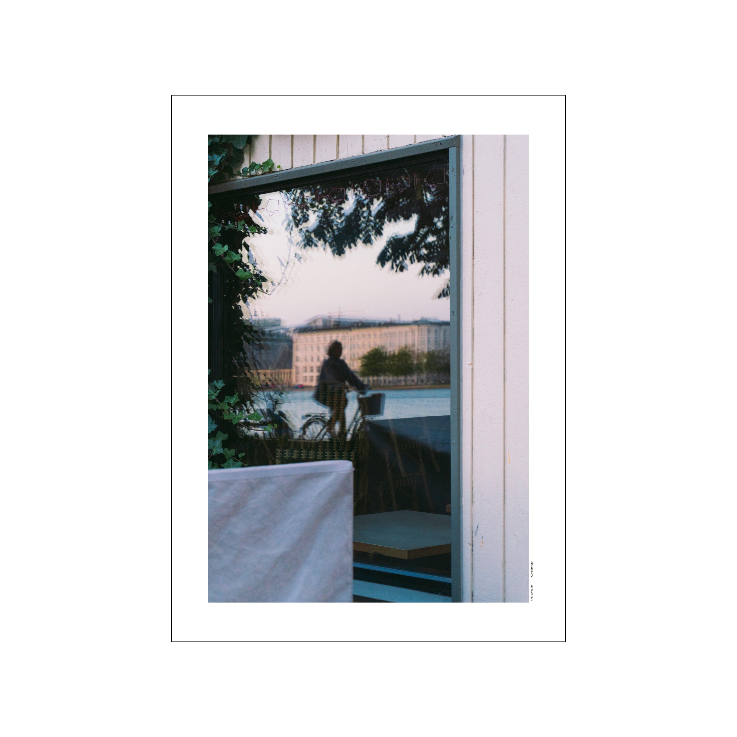 Reflection of a person on a bicycle in a window, with buildings and water visible in the background, framed by ivy leaves. Muted blues, grays, and ivories create a tranquil atmosphere.