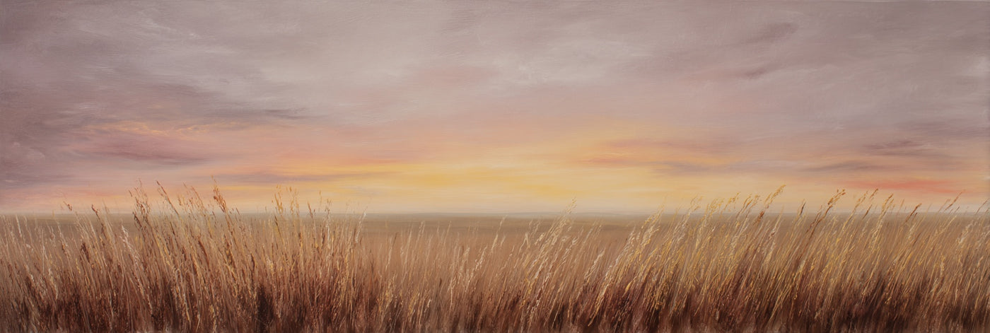 Impression sur toile sur un coucher de soleil serein sur une prairie