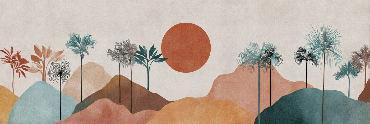 Minimalistischer Leinwanddruck mit Palmenlandschaft bei Sonnenuntergang