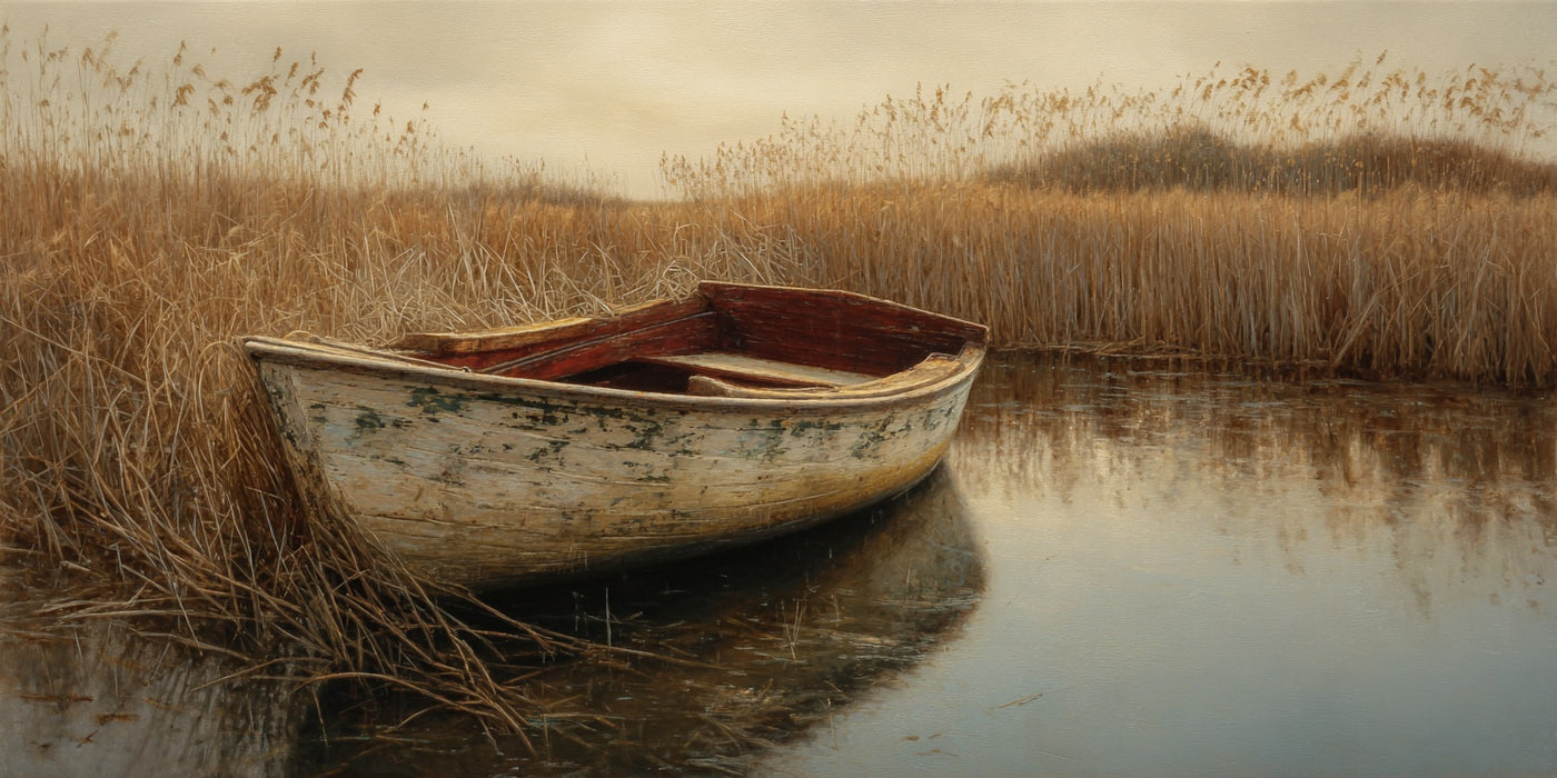 Serene Rowboat Reeds Canvas Print