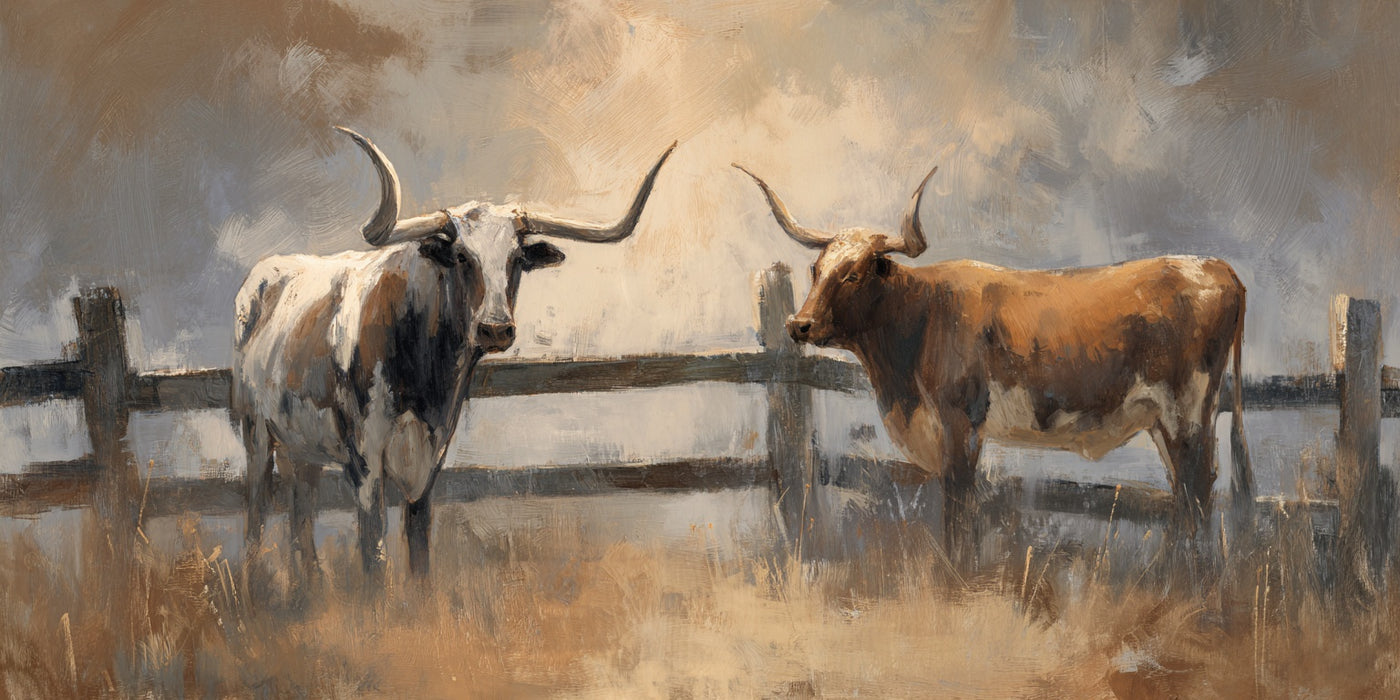 Landschaftsbild mit Texas Longhorn-Rindern auf Leinwand