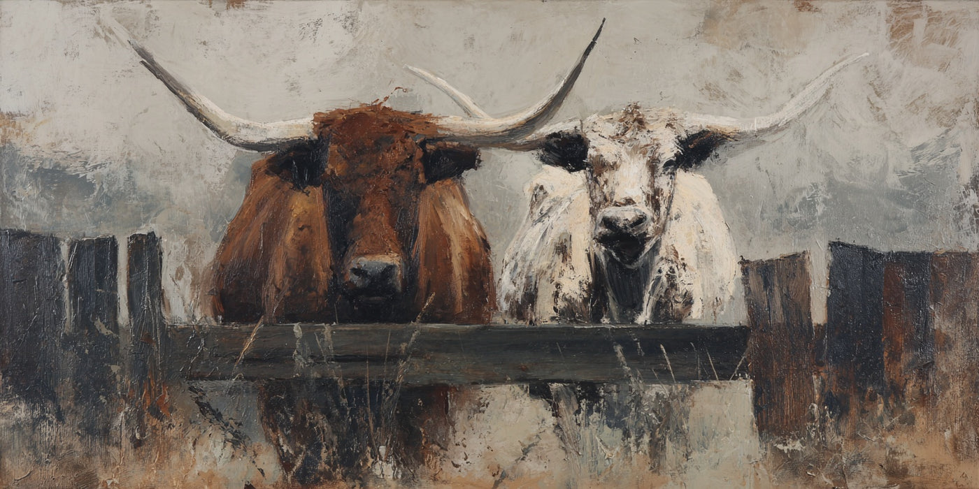 Impression sur toile représentant des vaches Longhorn de ferme