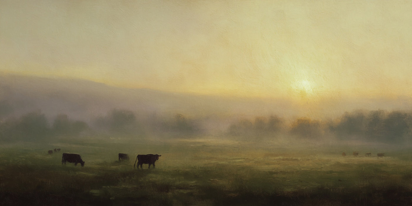 Neblige Sonnenuntergangslandschaft mit Kühen – Leinwanddruck