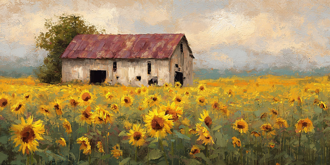 Toile imprimée sur toile représentant une grange avec un champ de tournesols