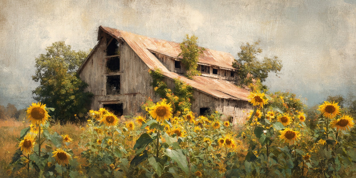 Leinwanddruck „Scheunen-Sonnenblumen“