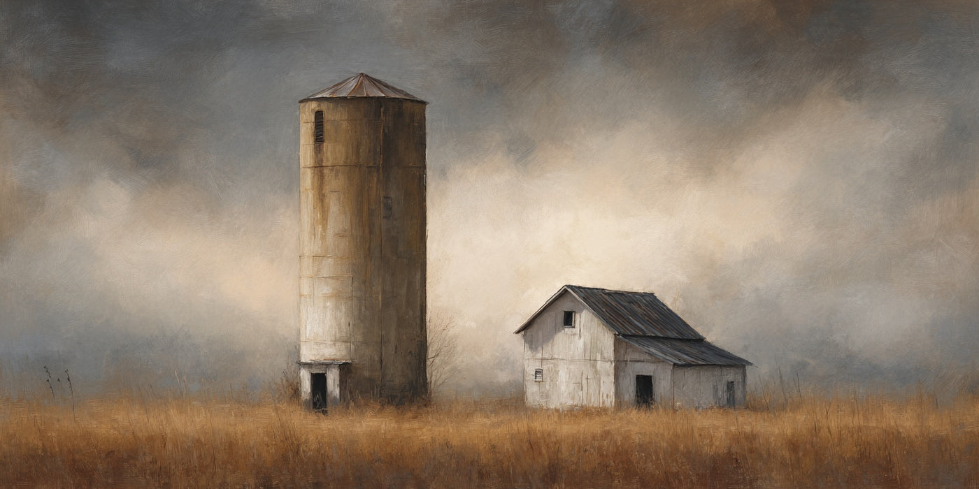 Impression sur toile représentant une grange avec silo de ferme