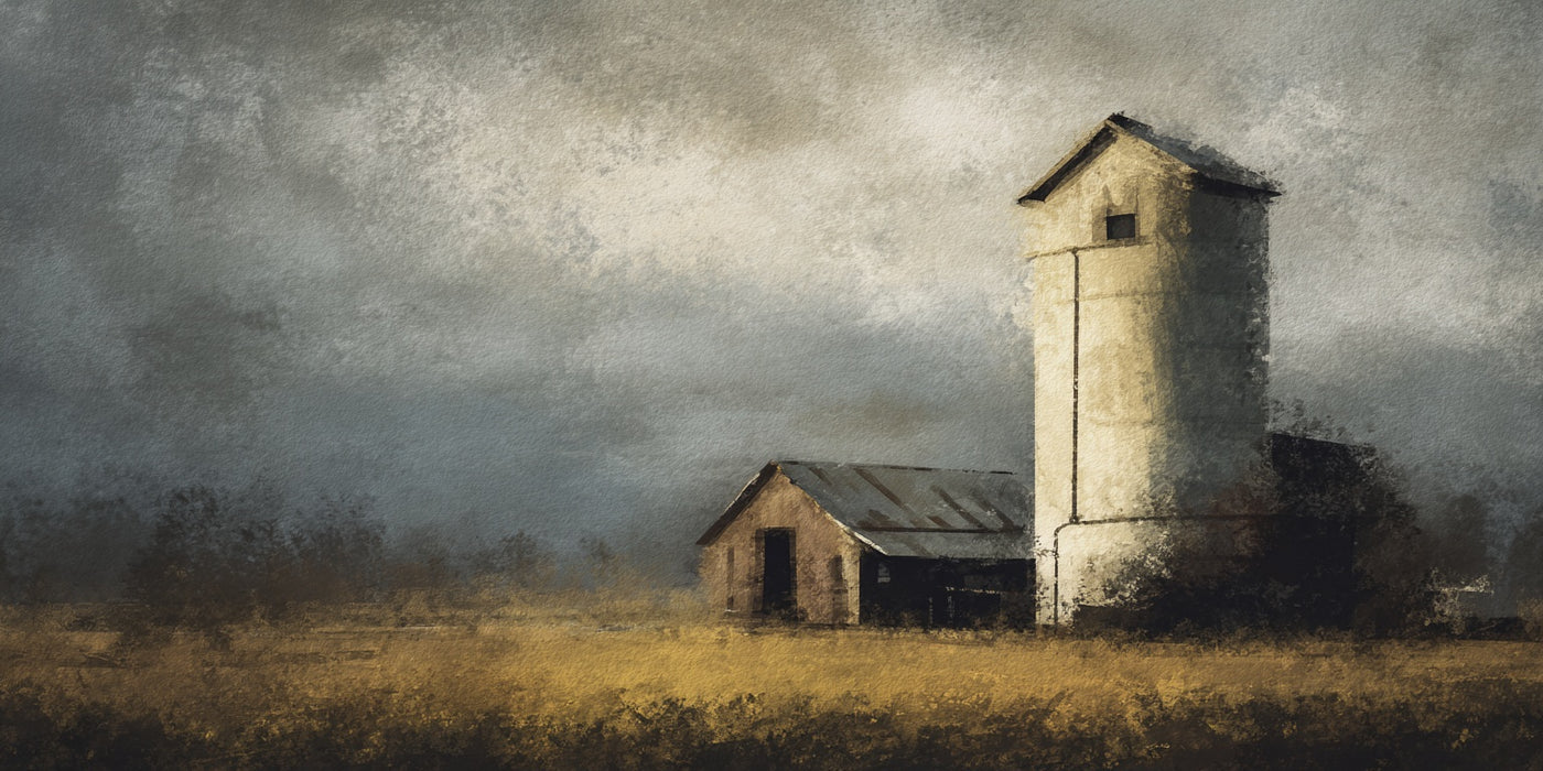 Landschaftsbild mit Bauernhaus-Silo-Motiv, Leinwanddruck